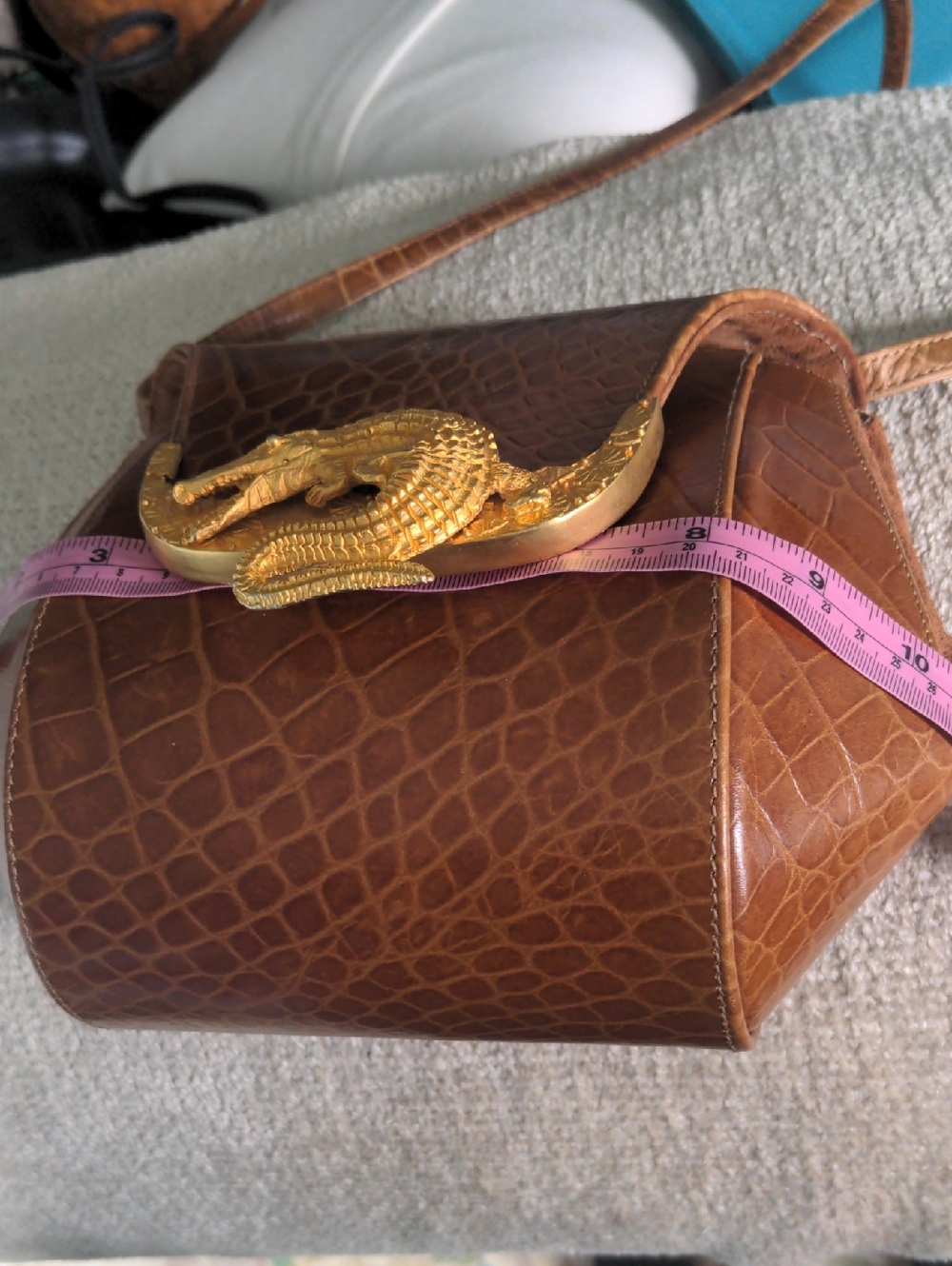 Vintage Faux  Crocodile Crossbody Bag,,  Structured, Heavy Brass Crocodile, - Picture 11 of 14